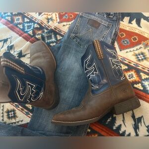 🔥 Ariat Sorting Pen Western Boots Brown and Blue Boys 6 Youth *MISSING INSOLES
